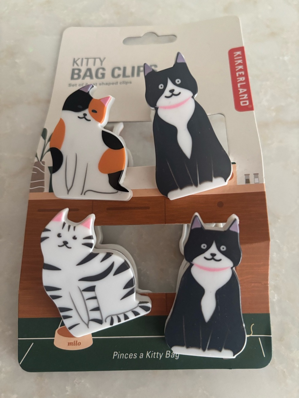 NWT Kikkerland Kitty Bag Clips - Cat Design, Black/White/Calico
